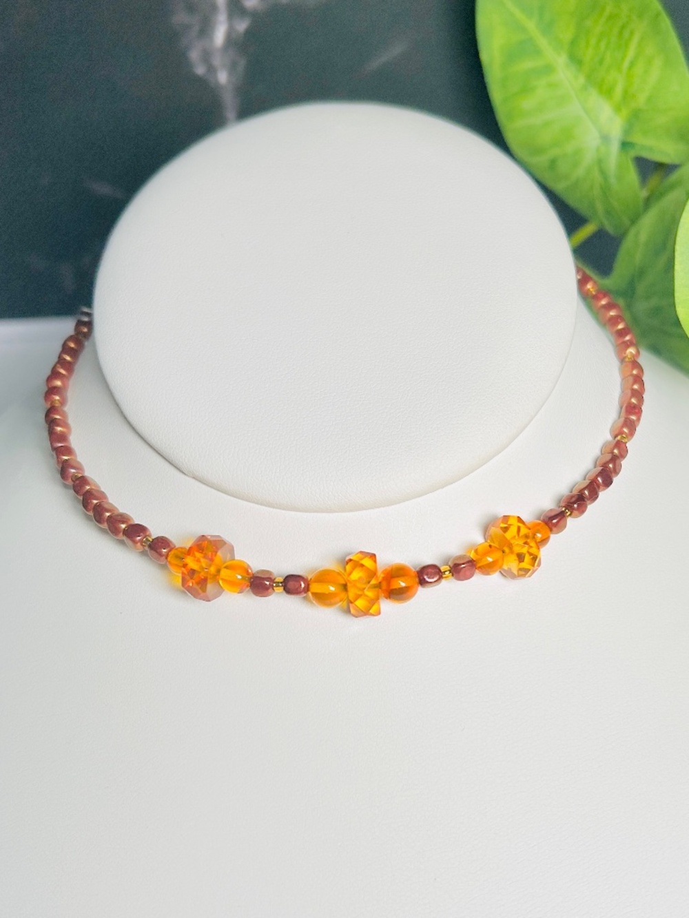 Beautiful Beaded Amber Colored Memory Wire Choker Necklace.
